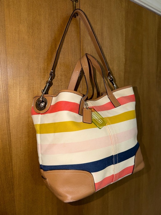 Coach Handbags - Coach Striped Canvas Tote in Coral, Mustard, Navy & Pink with Tan Leather F30041